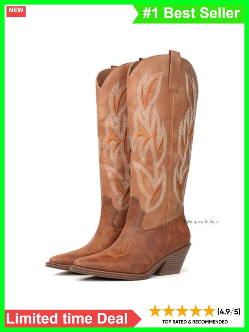 Faux Leather Knee High Cowgirl Boots Snip Toe Block Heel Western Boots